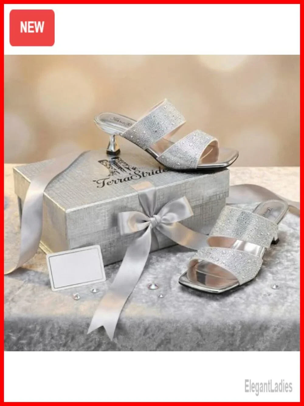 Rhinestone Kitten Heel Sandals Square Open Toe Double Strap Slides Party